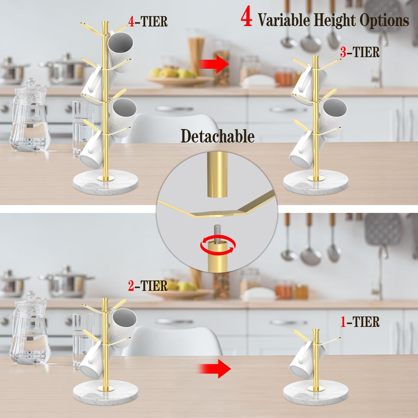ZYZWTG Marble Mug Holder Tree with 8 Hooks, Stainless Steel Coffee Cup Holder, Non-Slip Silicone Pads, Heavy Duty Marble Base, Countertop Organizer for Kitchen & Cafe, Gold