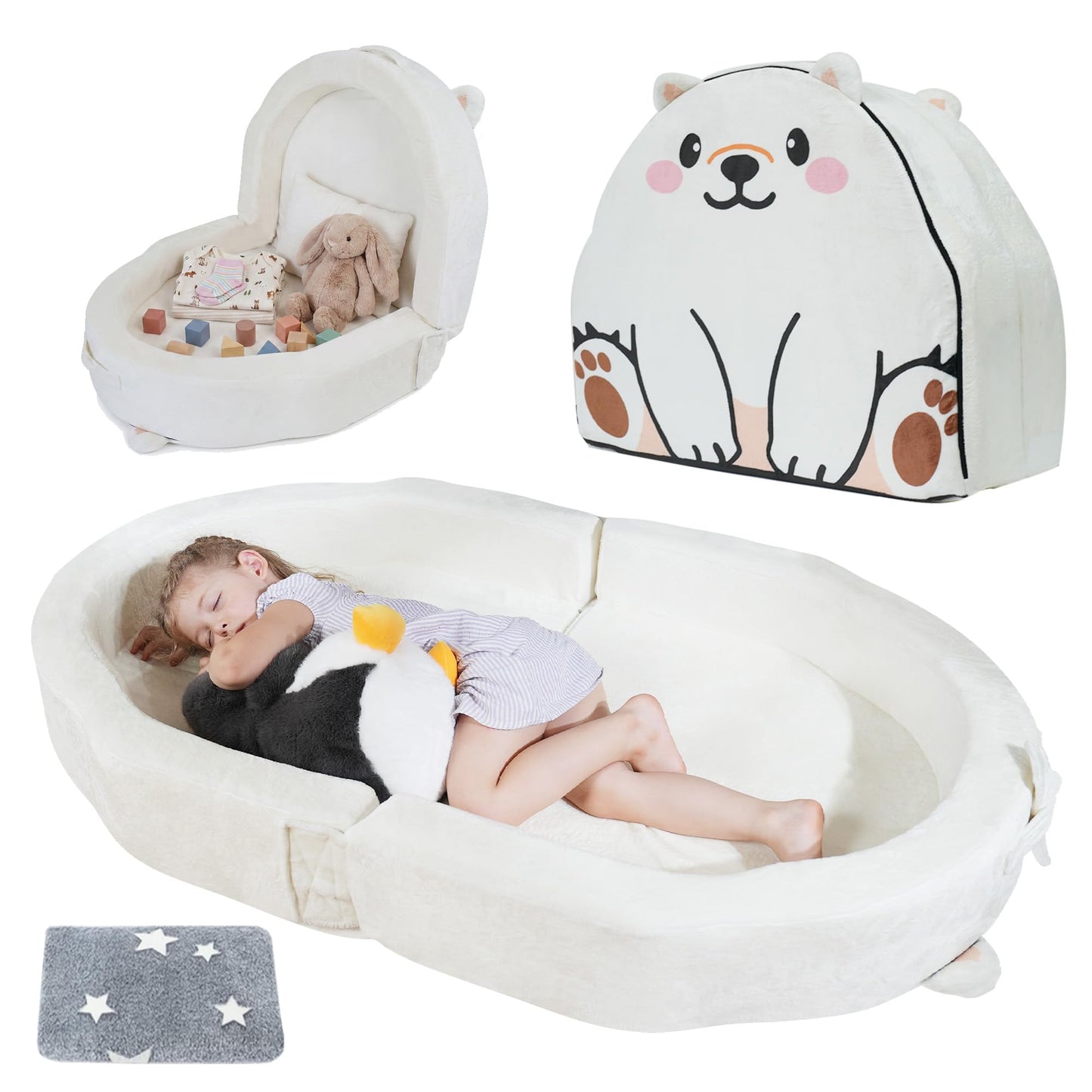 Portable Toddler Bed BUMNANA Folding Toddlers Floor Beds for Kids Foldable Soft Foam Travel Bed for Baby, Washable Cover Toddler Cot with Safety Rail for Travel, Home/Travel (Polar Bear)