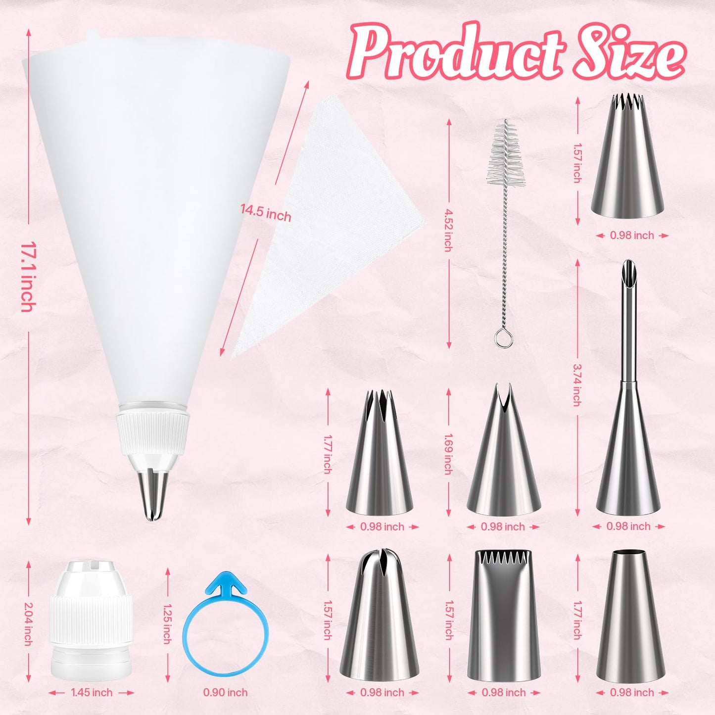 Cleangor Piping Bags and Tips Set, 16 Inch 114 Pcs Cake Decorating Kit with 100 Disposable Icing Bags, 2 Reusable Pastry Bags, 7 Stainless Steel Frosting Tips, 2 Couplers, 2 Bag Ties and 1 Brush