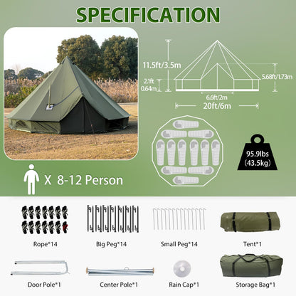 WaldZimmer Canvas Bell Tent 19.7ft Green with Stove Jack and Zipped Removable Floor, Luxury Outdoor Glamping Yurt Cotton Tent for Family Truck Car Camping Hunting Party
