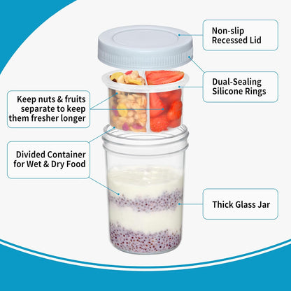 16 oz 2-Pack Xyptorix Overnight Oats Containers with Airtight Lids - Leak-Proof Wide Mouth Mason Jars & Divided Cups