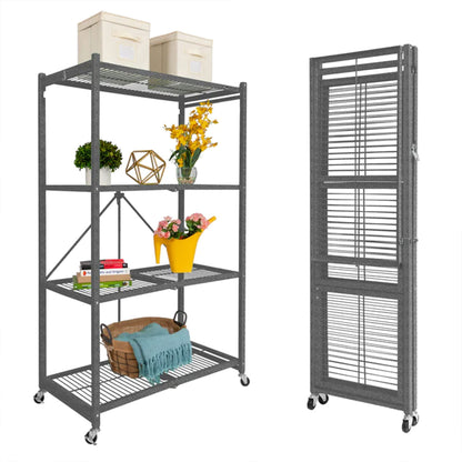Origami R5 4-Shelf Heavy-Duty Folding Storage Rack, Pewter - Large Foldable Metal Shelving Unit with Wheels for Garage, Pantry, Basement, Laundry Room or Warehouse