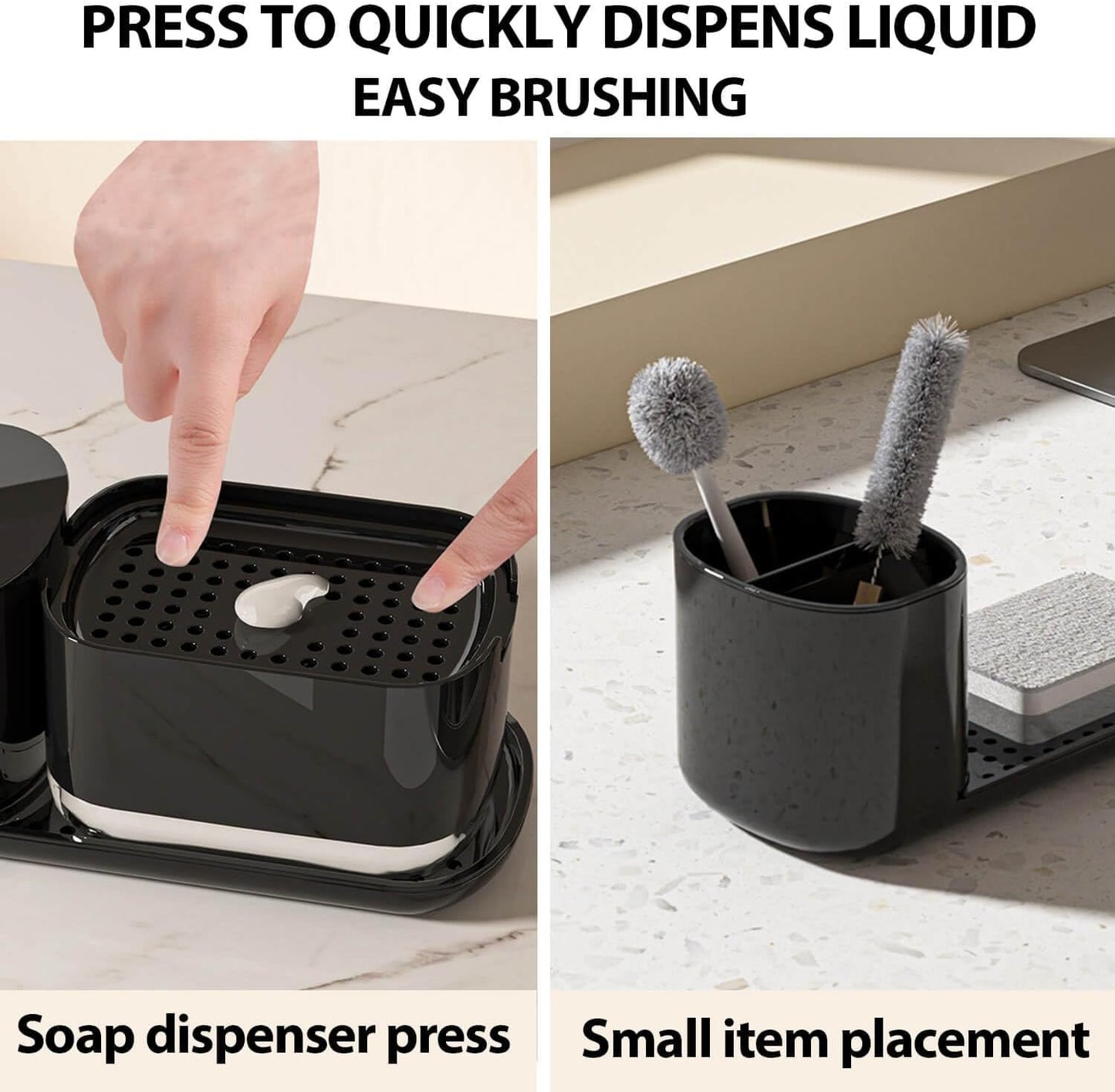 Kitchen Soap Dispenser Set with Tray and Sponge Holder, 3-in-1 Kitchen Sink Countertop Storage Organizer