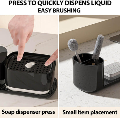 Kitchen Soap Dispenser Set with Tray and Sponge Holder, 3-in-1 Kitchen Sink Countertop Storage Organizer