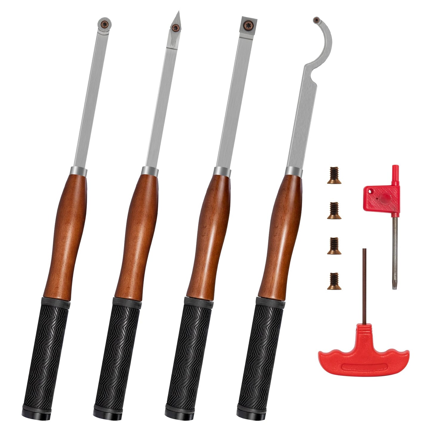 SIIIXS Full Size Carbide Wood Lathe Turning Tool Kit with Wooden Box, 4pcs 18" Professional Carbide Lathe Tools including Swan Neck Hollower, Rougher, Finisher, Beech Handle with Rubber