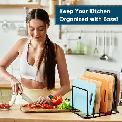 Kitchen Organizer Rack - 5-Slot Heavy-Duty Cutting Board and Bakeware Holder, Rust-Resistant with Anti-Slip Feet for Countertop or Cabinet Storage