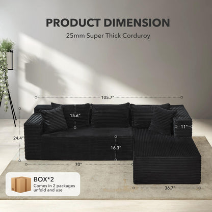Modular Sectional Sofa Cloud Sectional Couch, 106" Comfy L Shaped Black Couches for Living Room, Deep Seat Memory Foam Plush Corduroy Boneless Couch Sectionals with L Facing Chaise Sofa