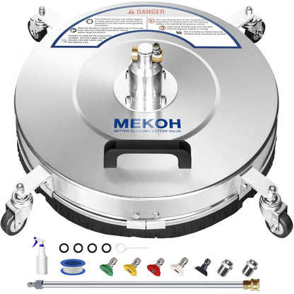 MEKOH 18" Pressure Washer Surface Cleaner 4500 PSI，4 Wheels Stainless Steel Power Washer Attachment for Driveway Sidewalk Patio Concrete Cleaning, 1/4'' Quick-Connect, 1 Extension Wand&5 Spray Nozzles