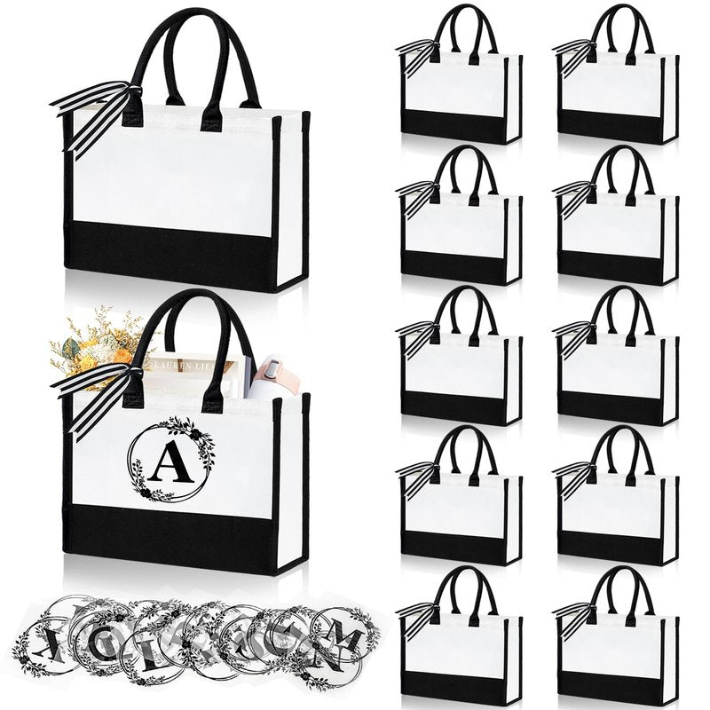 FODIENS 12 Pack Canvas Tote Bag for Women, Personalized Blank Beach Bag with 26PCS A-Z Initial Heat Transfer Letters Film, DIY Monogrammed Gift Tote Bags Bulk for Mom Teachers Friends Bridesmaids