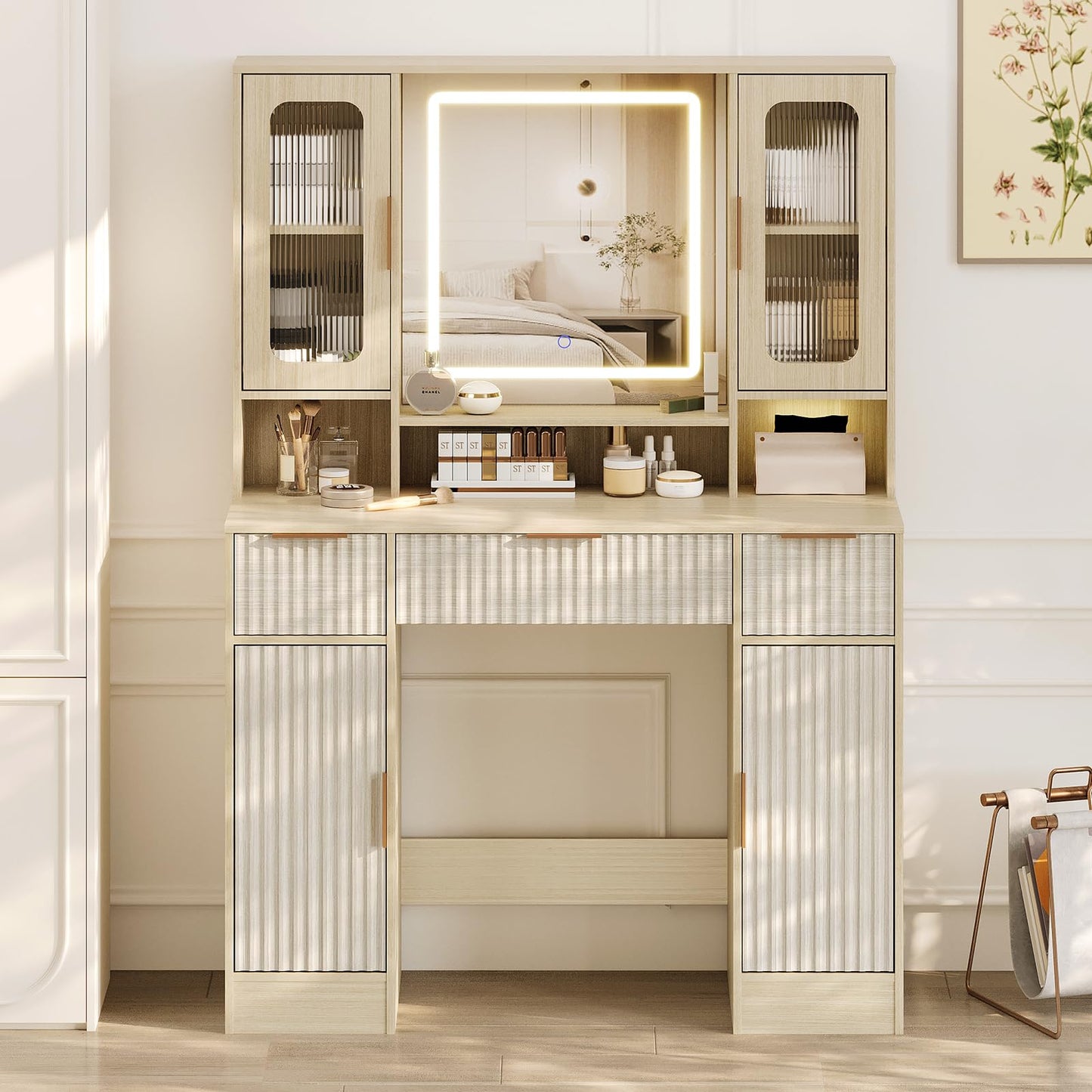 Garvee Vanity Desk with Mirror and Light, Modern Makeup Dressing Table with Adjustable 3 Colors Light, Vanities for Bedroom with 2 Glass Cabinet, 2 Large Cabinet, 3 Drawers & Storage Shelves, Natural