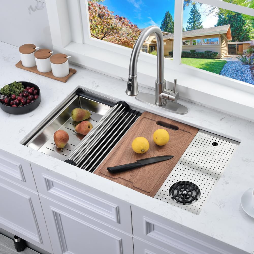 33 Inch Undermount Kitchen Sink with Glass Rinser -Bokaiya 33x19 Stainless Steel Kitchen Sinks Undermount Workstation Sink 16 Gauge Multifunctional Single Bowl Deep Kitchen Sink with Cutting Board