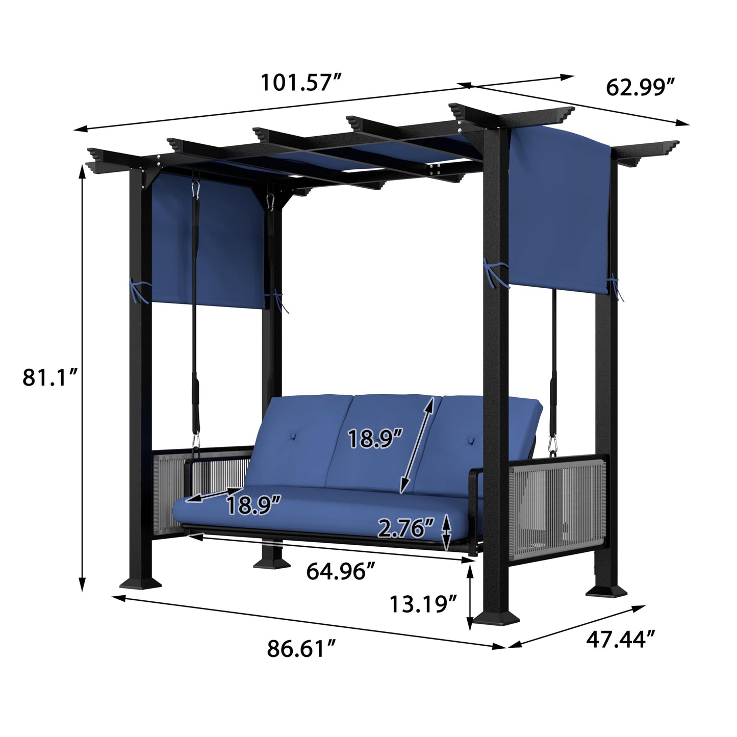 BlueWish 3-Seat Porch Swing, Outdoor Metal Pergola Swing Bed Hanging Cloud Swing Chair with Adjustable Curtains, Patio Hammock Swinging with Cushion for Porch, Backyard, Garden, Blue