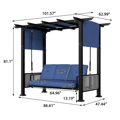 BlueWish 3-Seat Porch Swing, Outdoor Metal Pergola Swing Bed Hanging Cloud Swing Chair with Adjustable Curtains, Patio Hammock Swinging with Cushion for Porch, Backyard, Garden, Blue
