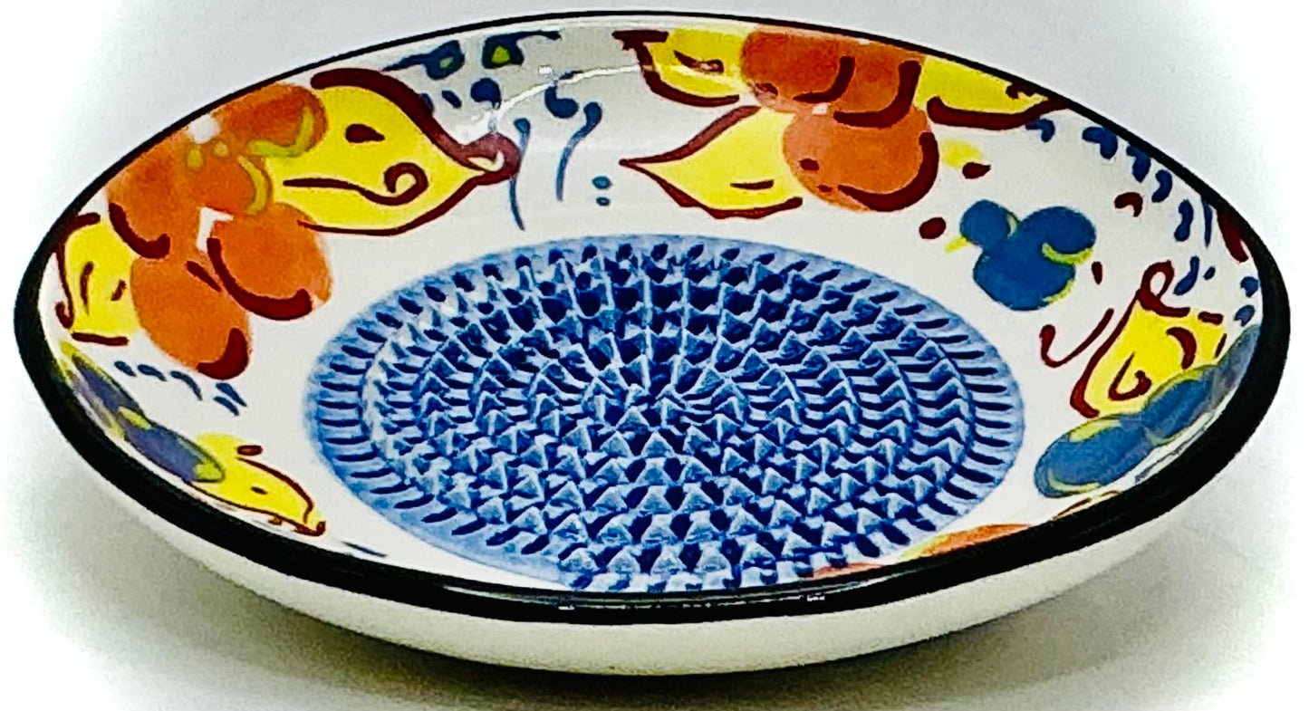 BonCera, All-in-one Premium Ceramic Garlic Grater Plate 4-Piece Set - Artisan Flower Blue Center Design - For Garlic, Ginger, Chocolate, and more! - Comes with 5" Plate, Peeler, Brush, and Stand