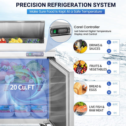 kalifon 72" W 3 Door Commercial Refrigerator Sandwich Salad Prep Table Stainless Steel Fan Cooling Refrigerator with Cutting Board, 3 Shelves & 30 Pans for Restaurant, Bar, Shop-20 Cu.ft