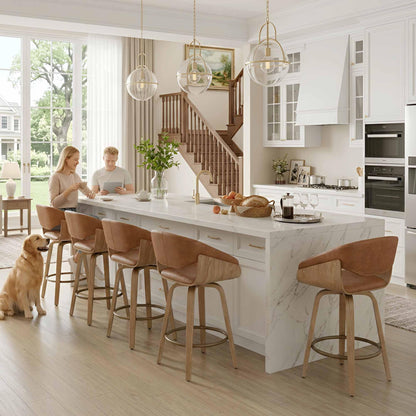 HNY 26 Inch Swivel Bar Stools with Back Set of 4, Brown Faux Leather Upholstered Counter Height Barstools with Solid Bentwood Frame, Round Footrest, Modern Barrel Counter Stools for Kitchen Island