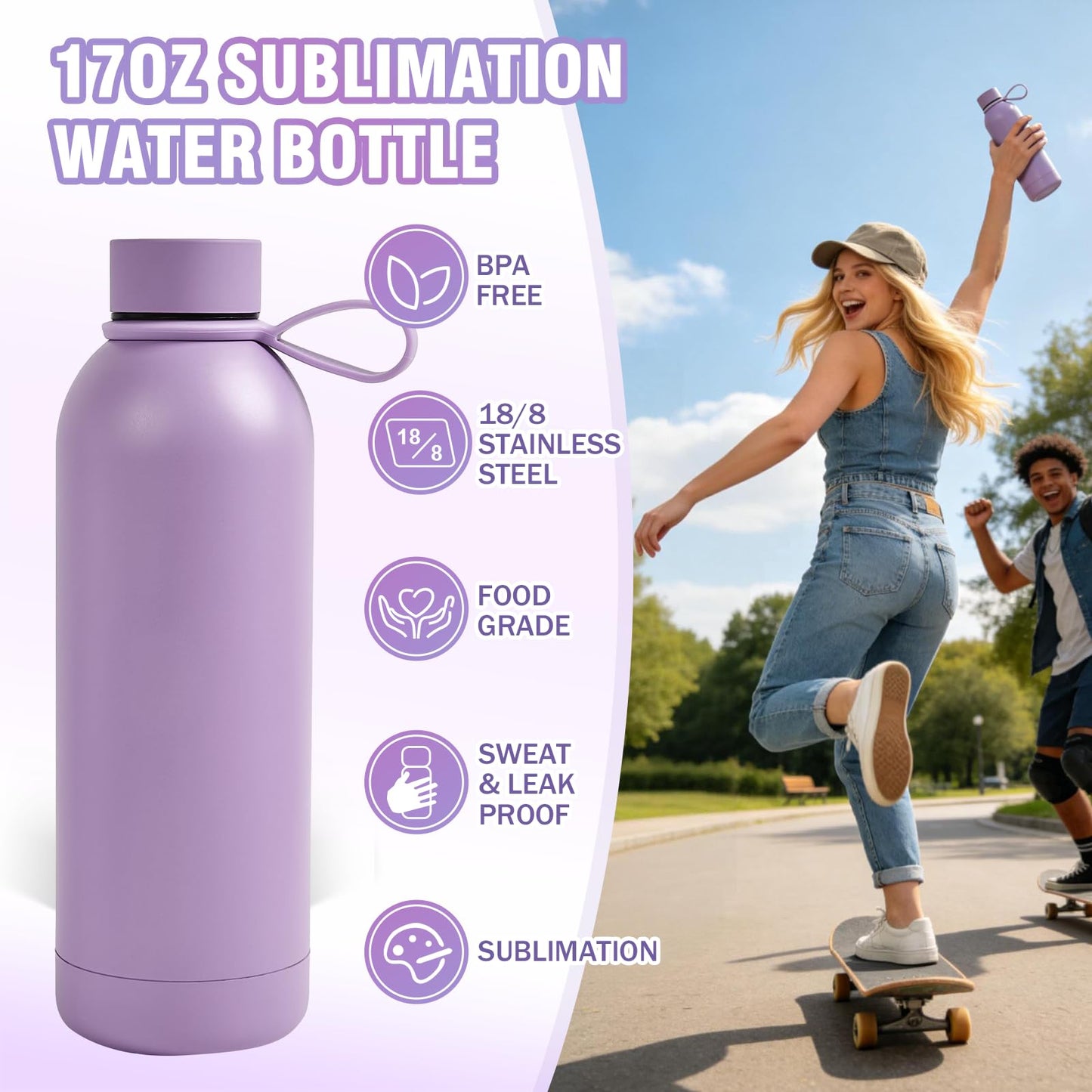 PlanetFlame Sublimation Blanks, 8 Pack 17 oz Tumblers Double-wall Insulated Stainless Steel Water Bottle Sublimation with Silicone Ring Coffee Cups, Matte Lightpurple
