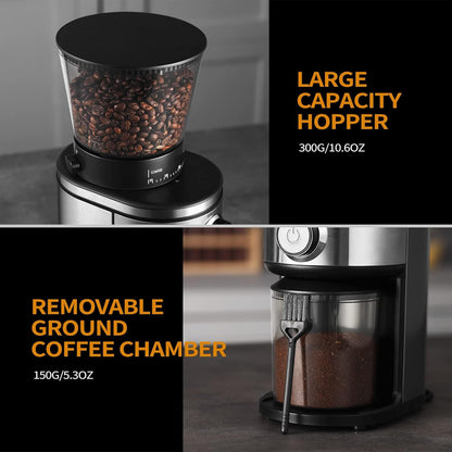Ollygrin Burr Coffee Grinder, Electric Conical Coffee Bean Grinder With 30 Adjustable Grind Settings For 2-12 Cups, Sliver & Black