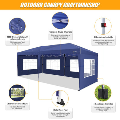 HOTEEL 10x20 Pop up Canopy Tent with Sidewalls, Outdoor Waterproof Tents for Parties with Center Lock, Sandbag, Easy Setup Event Tent Shelter with Reinforce Rod for Backyard, Camping, Market, Navy