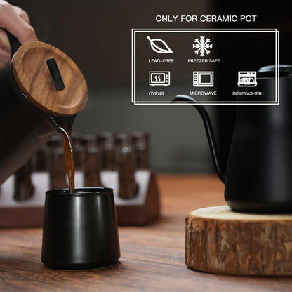 DHPO Ceramic French Press Coffee Maker, 22oz Single Serve Coffee Press with Walnut Wood Lid, Lead-Free, Food Grade Stainless Steel Filter with Dual Screen for Coffee and Loose Tea, Black