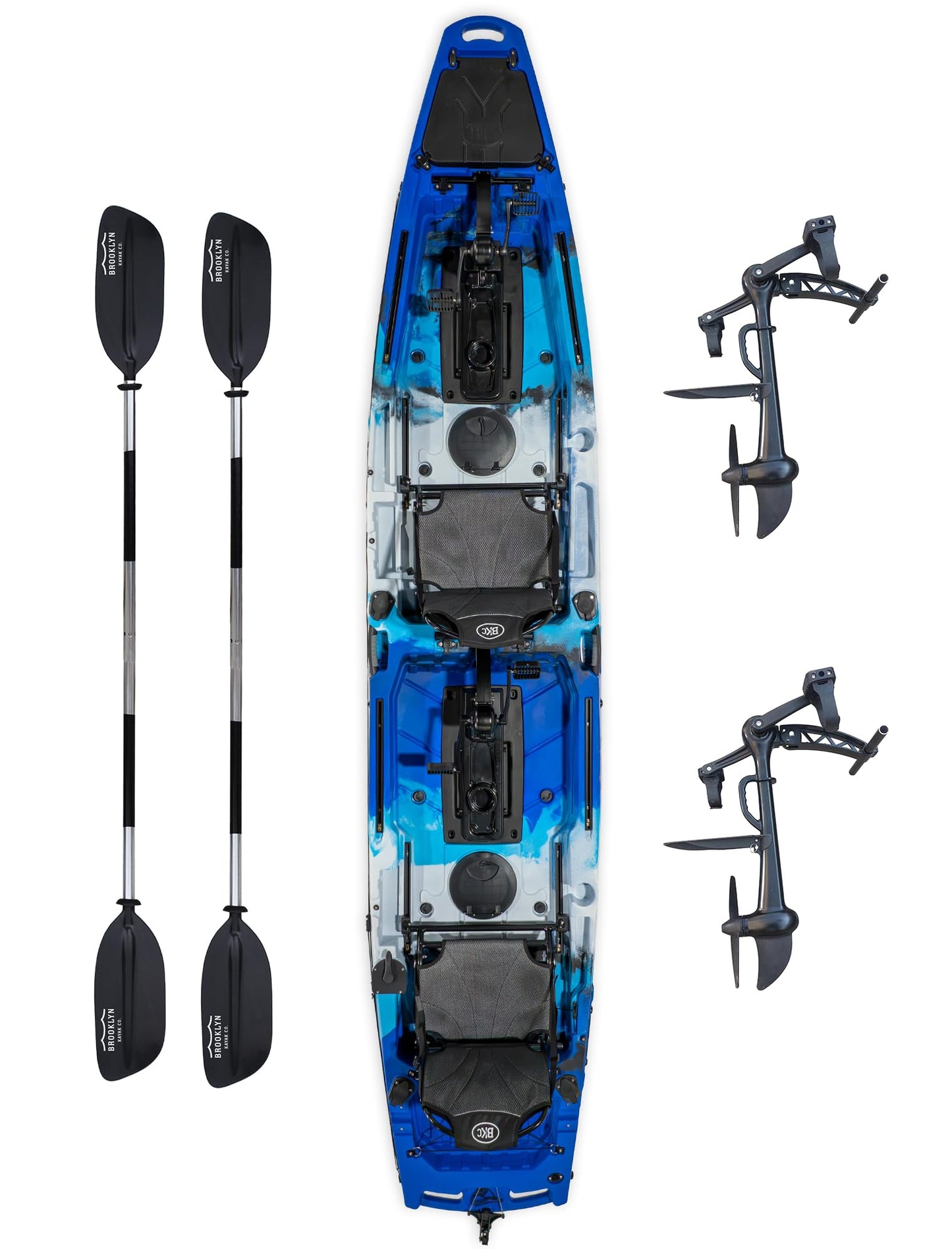 Upgraded Brooklyn 14.0 Tandem Pedal Kayak with Propeller Drive by BKC, 2-Person Sit-On-Top Fishing Kayak, Hand Rudder, Rod Holders, Large Storage, Stable 14ft Hull (Blue Typhoon)