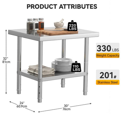 DWVO 30x24in Stainless Steel Table, NSF Metal Prep Worktable with Adjustable Shelf for Kitchen Restaurant Hotel Garage Warehouse Home