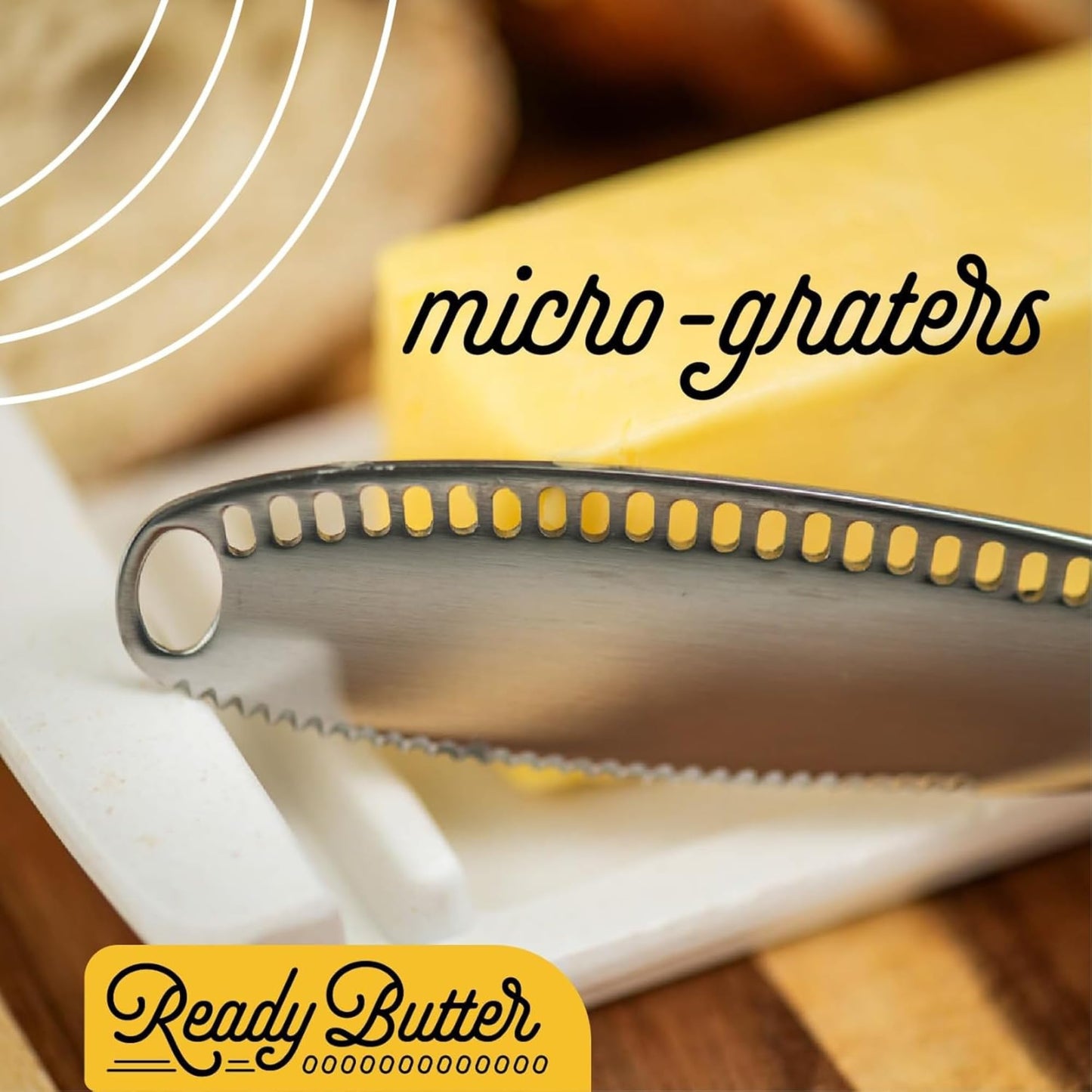Houseify Ready Butter 3-in-1 Knife, Stainless Steel Serrated with Holes in Blade - Cold Butter Spreader, Curler & Micro Grater, Dishwasher Safe