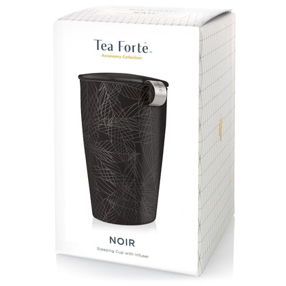 Tea Forte Double-Walled Ceramic Kati Cup, Removable Stainless Steel Infuser Basket and Lid, Steeps 12 oz Loose Leaf Tea, Dishwasher & Microwave Safe, Gifts for Mom, Noir