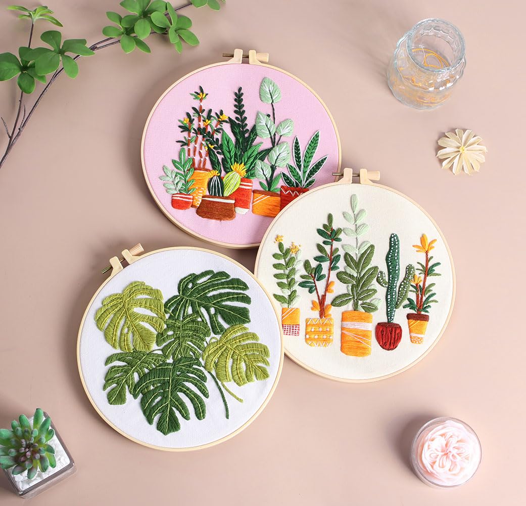 Konrisa Embroidery Kits for Adults Beginner, European Style Garden Plant Green Leaf Stamped Embroidery Starter Kit,DIY Sewing Practice, Needlepoint Cross Stitch Kit,Set of 3