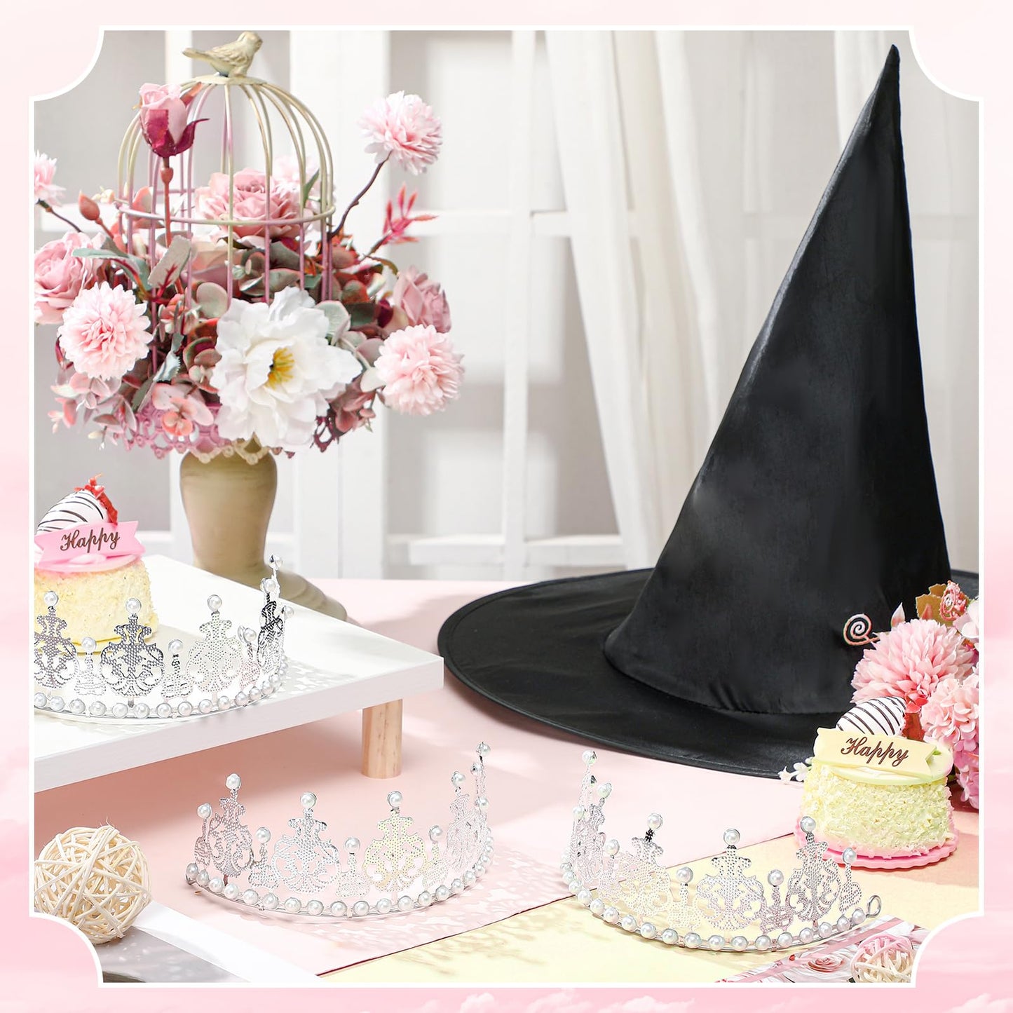Chicingyou 12 Pcs Princess Crowns and Witch Hats Set, Pink and Green Party Decorations, Royal Queen Crown Black Wizard Hats for Princess Witch Themed Party Decor Gift