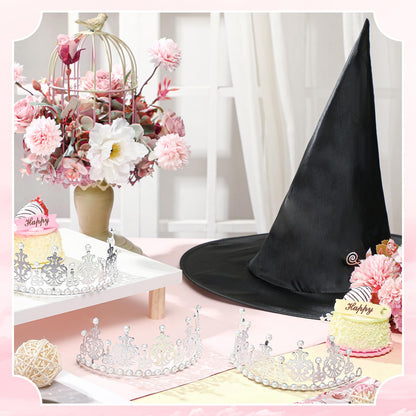 Chicingyou 12 Pcs Princess Crowns and Witch Hats Set, Pink and Green Party Decorations, Royal Queen Crown Black Wizard Hats for Princess Witch Themed Party Decor Gift