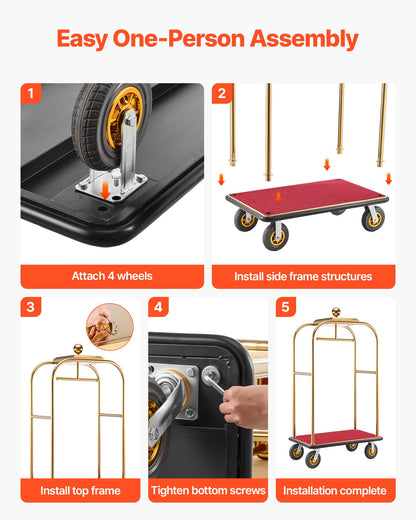 VEVOR Hotel Luggage Cart, 1200 lbs Heavy Duty Bellman Cart with Stainless Steel Frame, 8 in Rubber Wheels, Red Carpeted Deck, Commercial Luggage Carrier Rolling Trolley for Hotels, Resorts, Gold