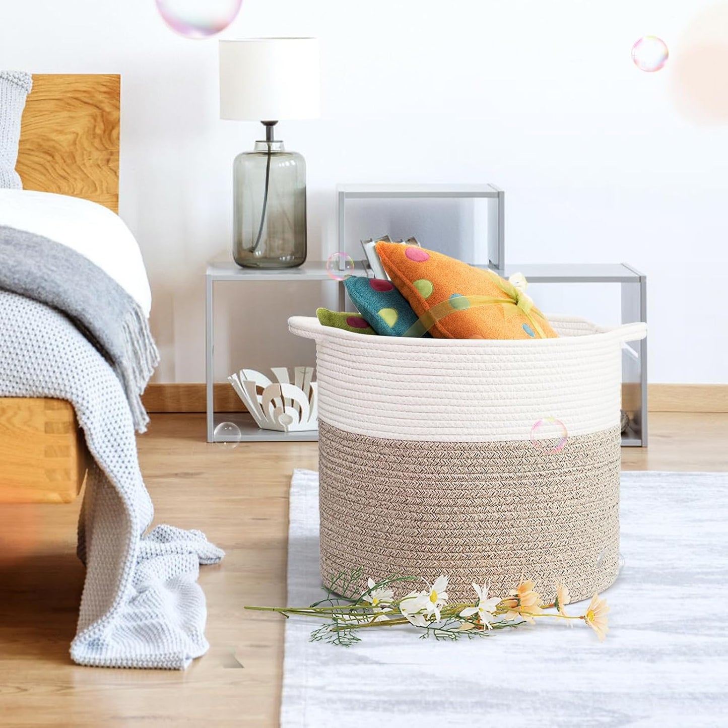 Laundry Hamper, Pure Cotton Rope Woven Basket for Dirty Clothes, 15.5 * 13.5 inches-40L White & Brown Mixed