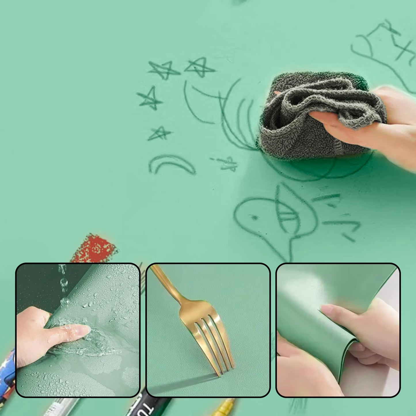 Reversible Silicone Table Mat - 2-in-1 Desk Pad & Silicone Craft Mat Eye-Care Green Painting Mat & Blue Leather Desk Mat，Waterproof Washable Art Mat for Drawing, Clay, Crafts（80 * 40CM）
