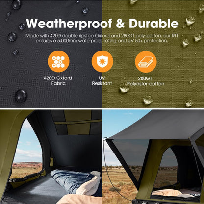 Sanhima Rooftop Tent Hard Shell - Hotham Lite Overland Aluminium Roof Top Tent 4.56" Slimline, w/Tri-Color LED Strip Light & 1.97” Thick Mattress, for Car SUV Truck Camping, 2-3 People (Army Green)
