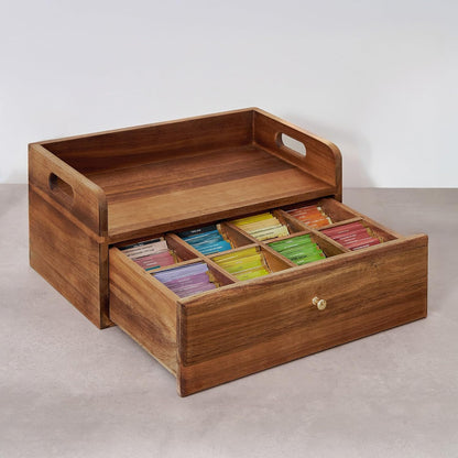 TREELF 8 Countertop Acacia Wood Tea Bag Organizer with Drawer - Tea Station Chest and Storage Box, Coffee and Teabag