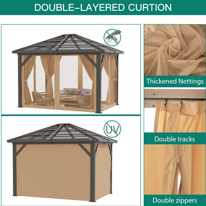 GAOMON 10'x12' Hardtop Gazebo, Outdoor Polycarbonate Double Roof Canopy, Aluminum Frame Permanent Pavilion with Curtains and Netting, Sunshade for Garden, Patio, Lawns (10x12ft), Brown