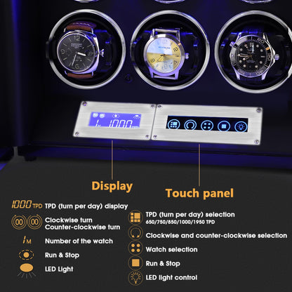 SNEOLTJN Watch Winder for 6 Slots Automatic Watches, Ultra-Quiet Japanese Motors, Built-in LED Illumination and LCD Touchscreen Control