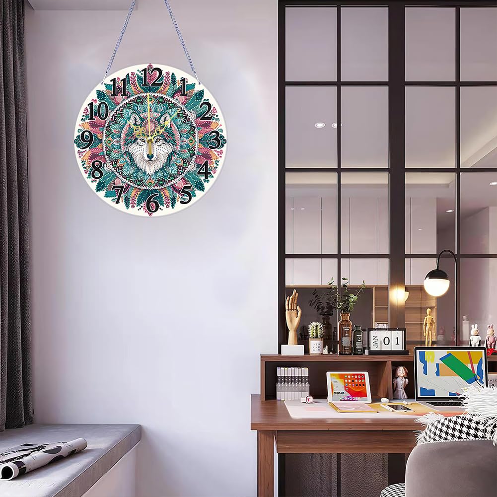 5D Special Shaped Wolf DIY Diamond Art Painting Clock Kit for Adults Quartz Movement Unique Wall Decor for Living Room Office Cool Creative Gift