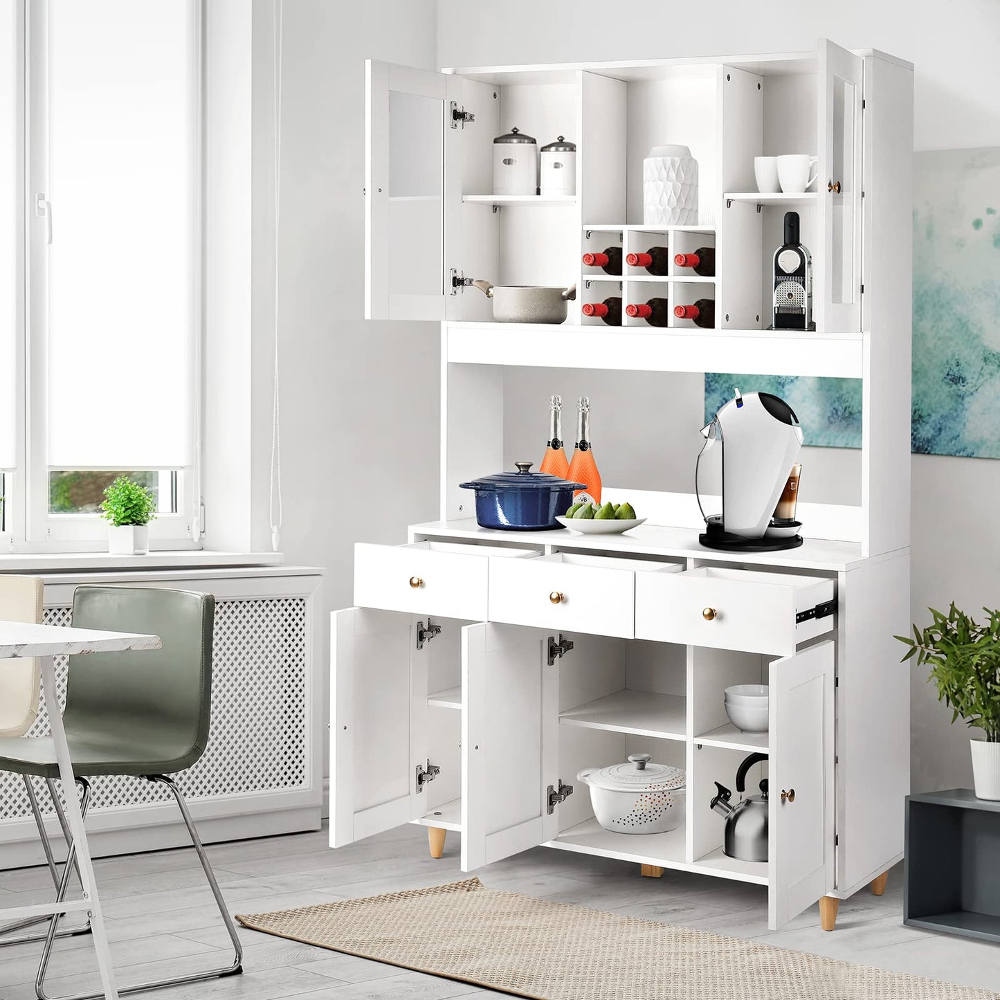 VOWNER 71" Traditional Freestanding Kitchen Pantry Storage Cabinet, with 3 Drawers and 5 Cabinets, White