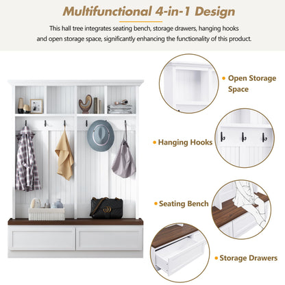 Merax Wood Hall Tree with 6 Hooks & Entryway Bench, Farmhouse Mudroom Versatile Coat Racks with 2 Large Drawers, Entrance Organizer for Hallway, White