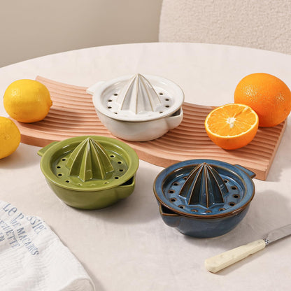 Ceramic Citrus Lemon Orange Juicer Manual Squeezer, Hand Juicer Reamer Rotation Press with 6.8oz Bowl, Strainer Lid, Spout, Handle, Dishwasher Safe, Easy to Clean