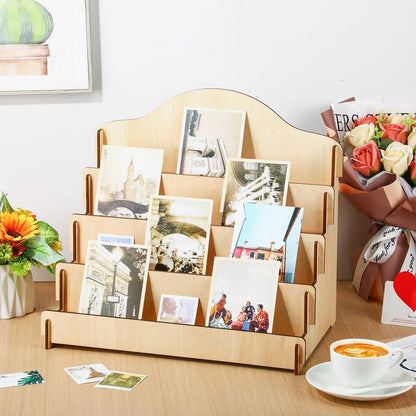 Wonderjune 3 Pcs 4 Tiered Greeting Card Display Stand Sticker Display Stand for Vendors Wooden Collector Card Rack Wood Holder for Postcard Photos Bookmark Trade Shows Retail Counter, 3 Sizes(Brown)