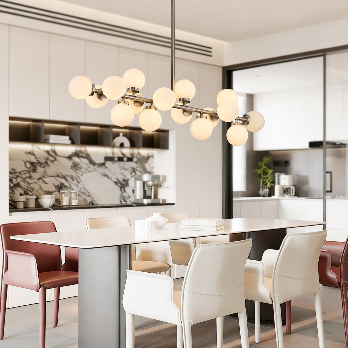 Linear Chandeliers Modern Brushed Nickel Chandeliers for Dining Room 16-Lights and White Glass Pendant Lighting Mid Century Globe Dining Light Fixture for Living Room Kitchen