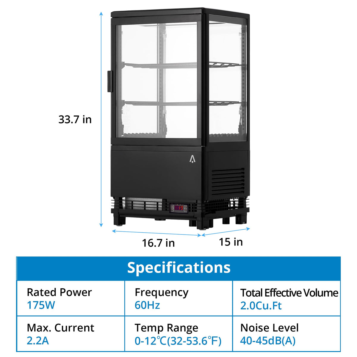 2.1 Cu.Ft. Commercial Bakery Display Refrigerator, Countertop Refrigerated Case, Display Fridge, Single Door, Merchandiser Beverage Cooler, 3 Layers, LED, Adjustable Shelves, Restaurants, Bars, Shops