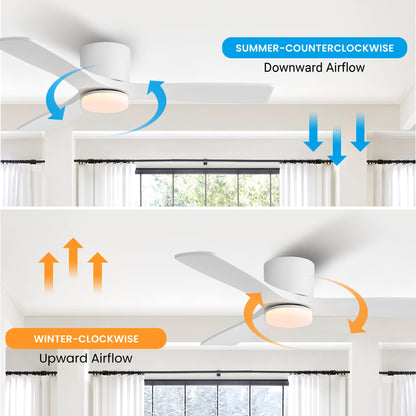 LEDLUX 48" Ceiling Fan with Light - Low Profile Flush Mount Ceiling Fan, Dimmable Light, 6-Speed DC Motor Remote Control, 3 Solid Wood, White, for Bedroom, Living Room, Porch