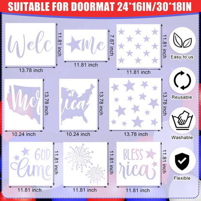 Frienda 9 Pcs 4th of July Stencils for Door Mats Reusable Welcome Templates Large Stencils for Drawing DIY Painting on Wood Floor Doormat Crafts (Various Sizes)