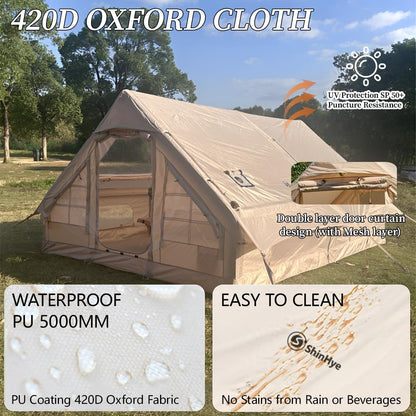 Inflatable Tent for Camping Large Blow Up Tent Glamping Tent 4-8 Person House, Easy Set up Waterproof Outdoor Oxford Tents, 4 Season Air Tents with Pump (130 sq ft Beige Air Tent)