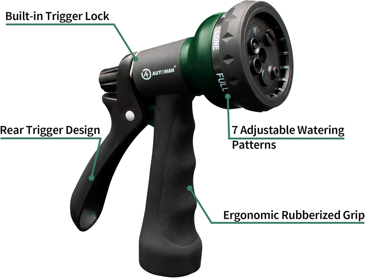 AUTOMAN Garden Hose Nozzle - ABS Water Spray with 7 Adjustable Patterns | Slip Resistant for Plants & Pets