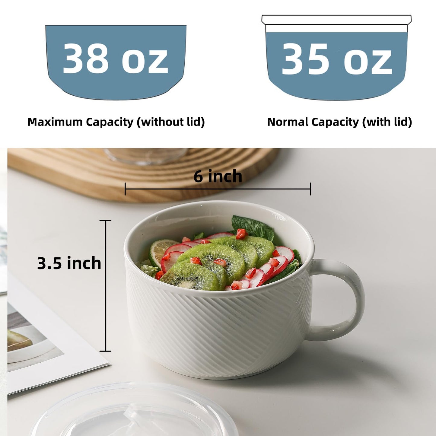 Adewnest Oversized Soup Bowl with Handle: 38 oz Ceramic Soup Mug with Lid - Microwave Safe Jumbo Food Storage Container for Ramen Cereal Breakfast Meal Prep Office Lunch Dorm Living - White 6 Inch